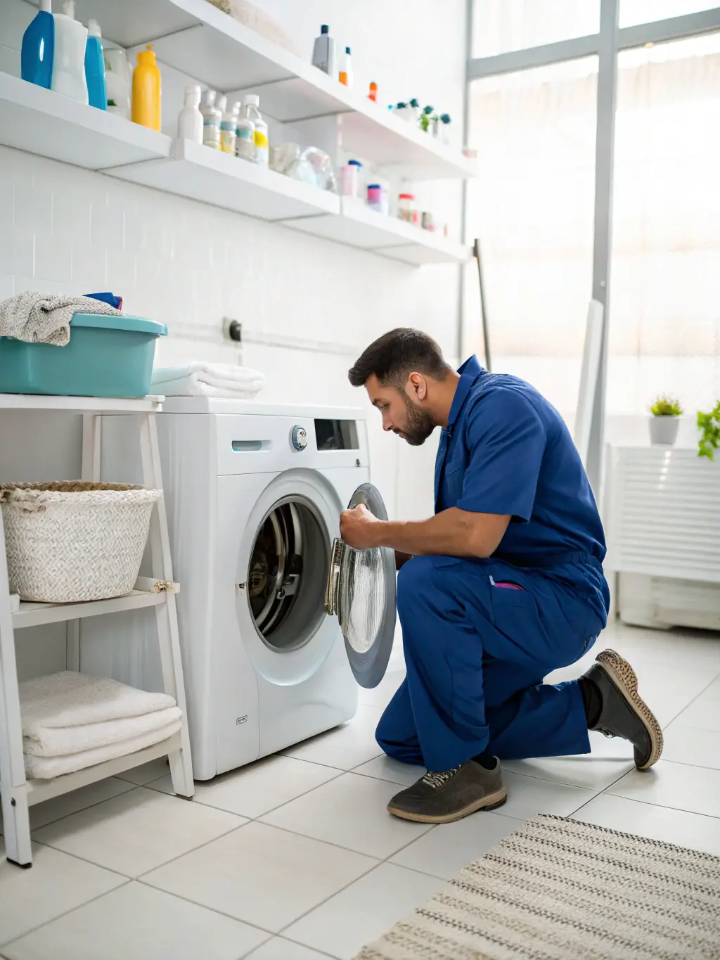 A technician is shown carefully examining the drum of a washing machine, with tools laid out neatly, in a clean and organized laundry room.