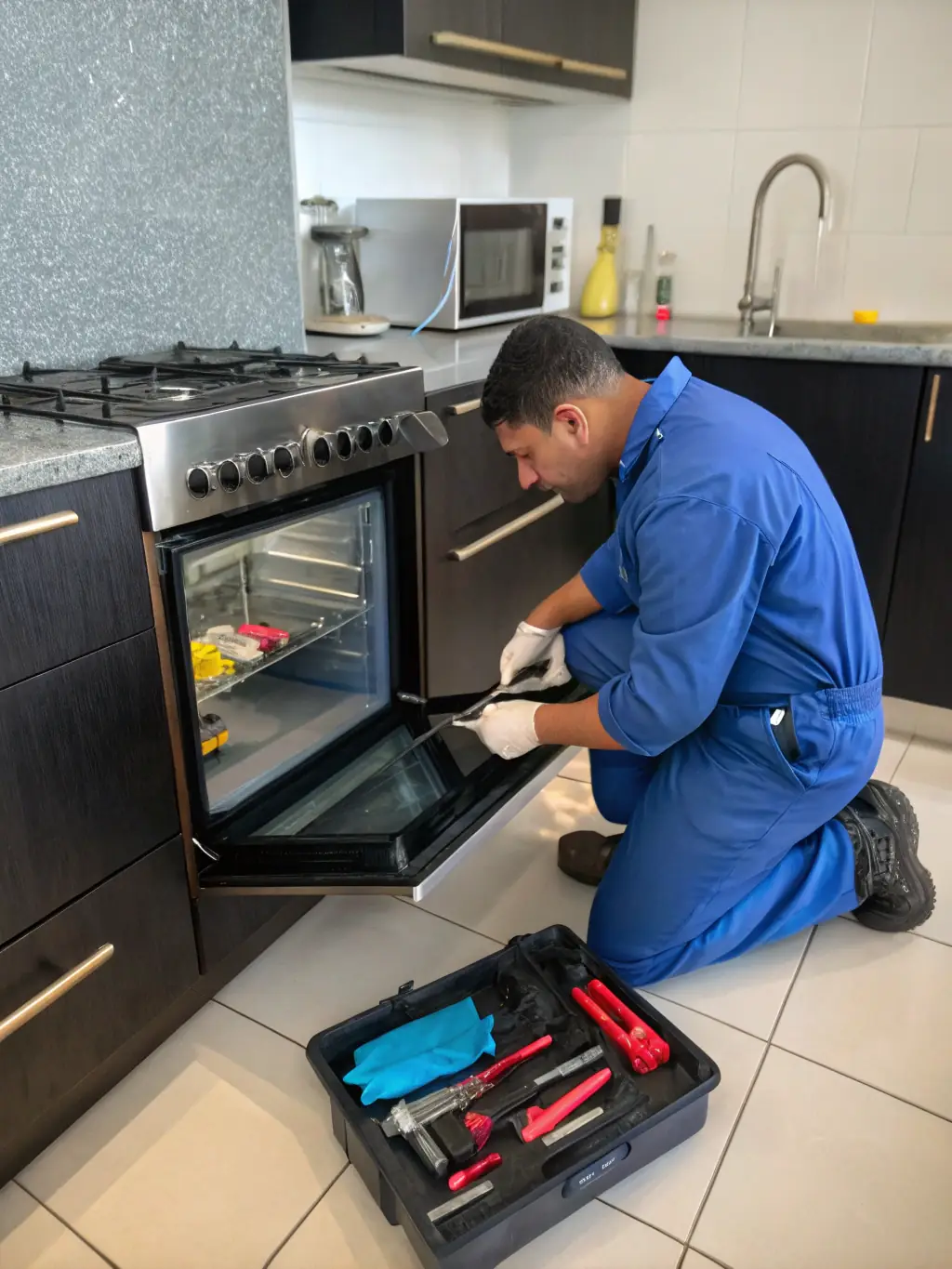 A modern oven is being serviced by a technician, who is checking the heating elements with a multimeter in a contemporary kitchen setting.
