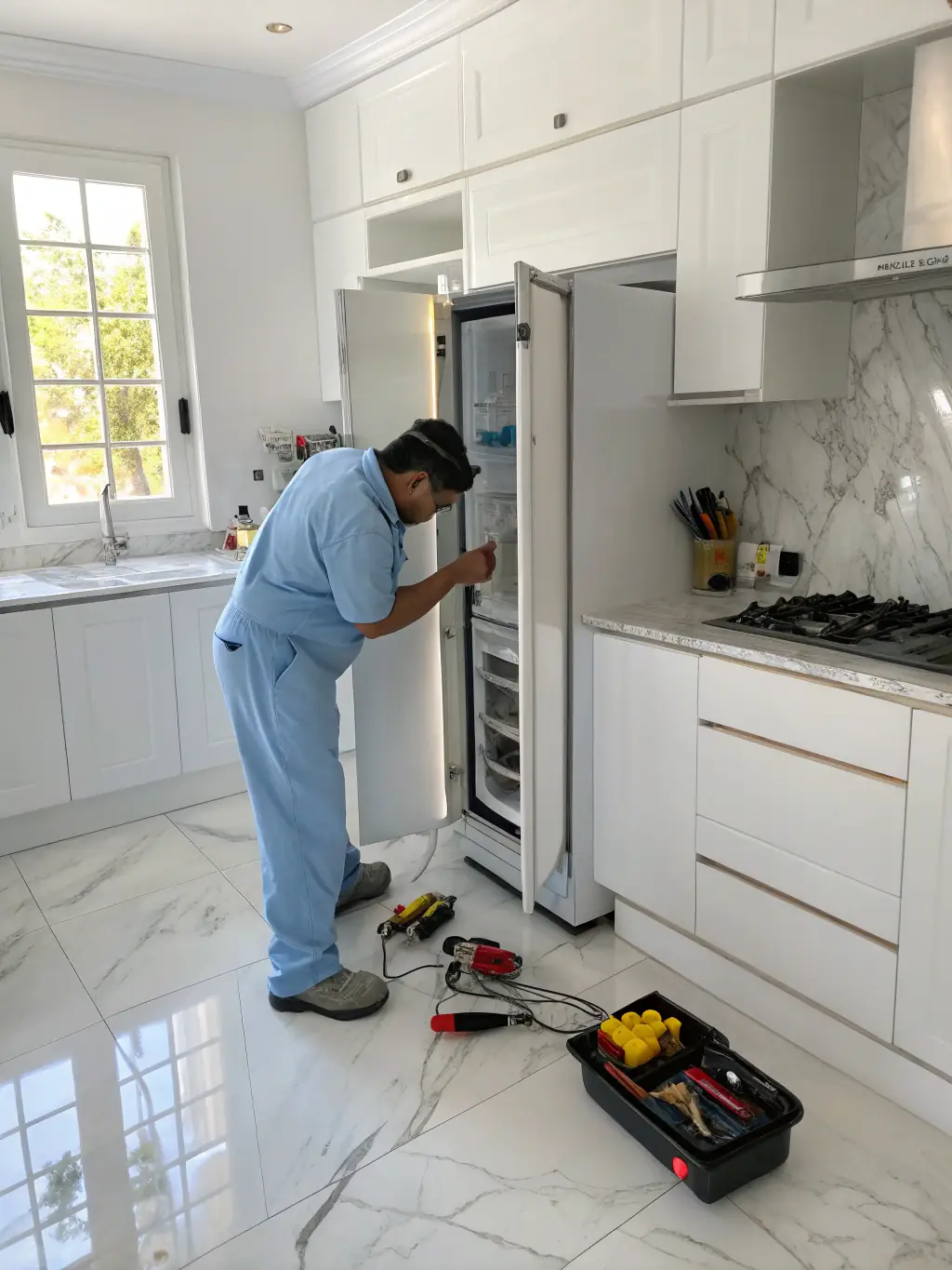 A close-up shot of a technician expertly repairing the internal components of a modern refrigerator in a well-lit kitchen, showcasing precision and expertise.