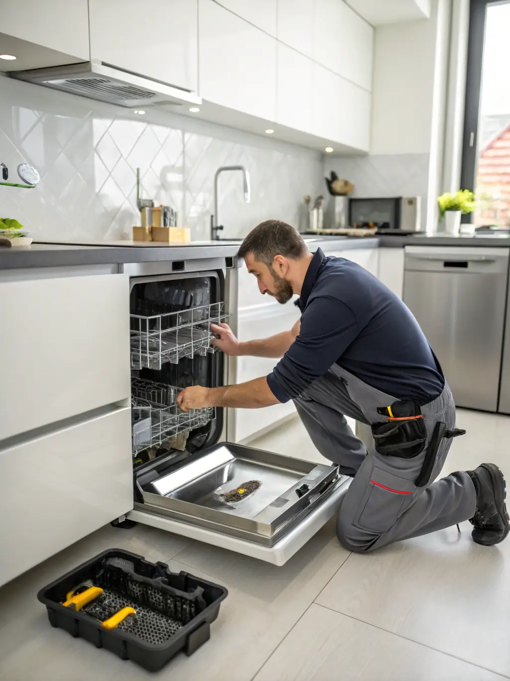 A technician is shown working on a dishwasher, carefully inspecting the spray arms and internal components in a modern kitchen environment.